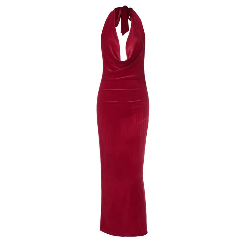 Elegant Dresses - Halter Backless Sexy Maxi Dress For Women Gown Fashion Lace-up Deep V Neck Sleeveless Bodycon Split Long Dress Elegant