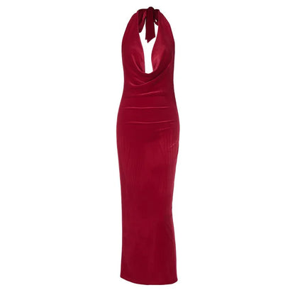Elegant Dresses - Halter Backless Sexy Maxi Dress For Women Gown Fashion Lace-up Deep V Neck Sleeveless Bodycon Split Long Dress Elegant