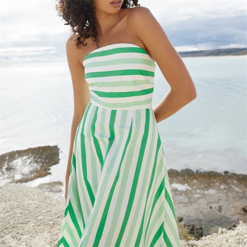 Strapless Dresses - Tube Dress for Women y2k Summer Striped Print Off Shoulder Strapless Sleeveless A Line Long Dress Beach Party Dresses