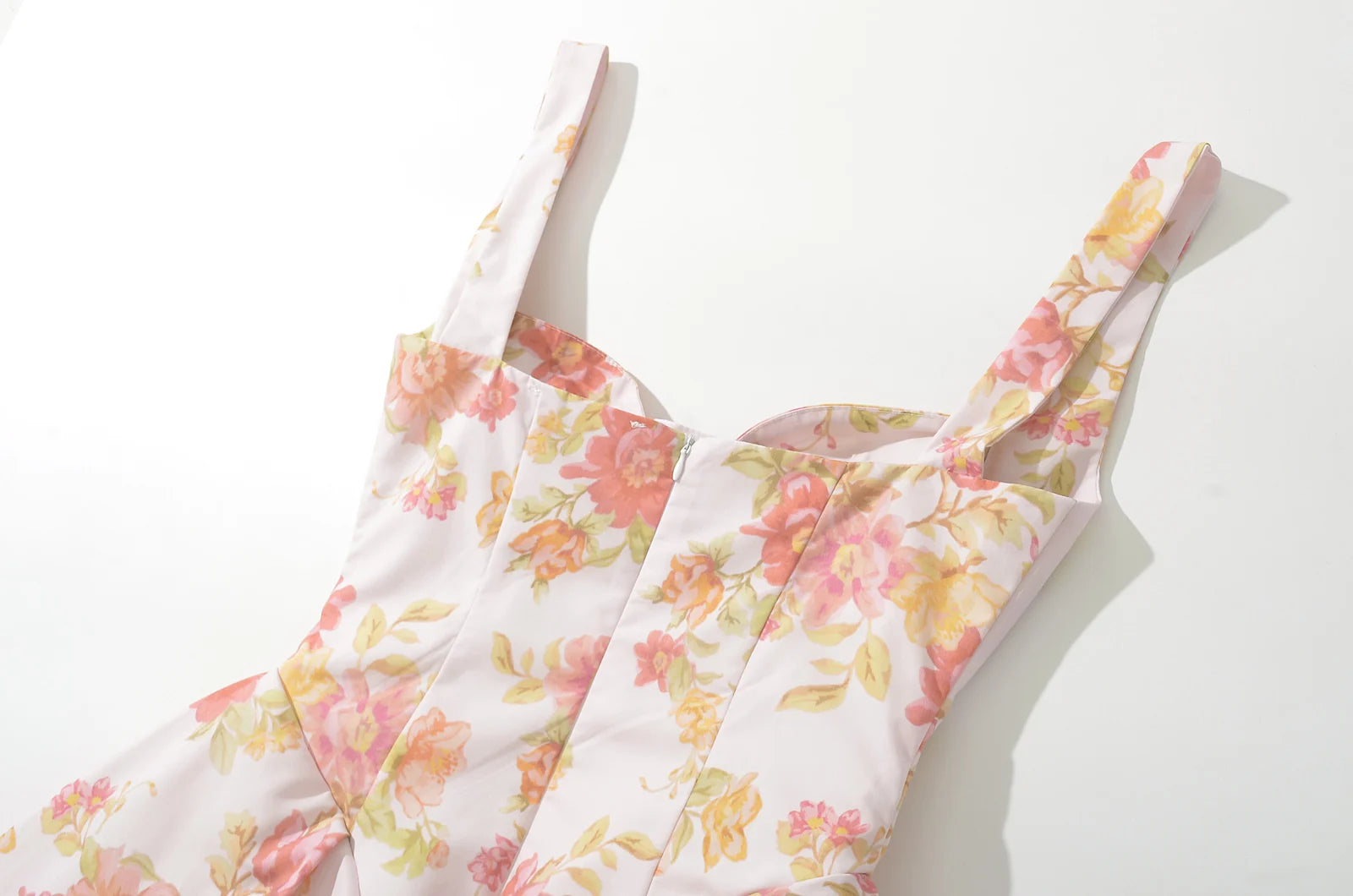 Fit and Flare Dresses - Sexy Pink Flower Print V Collar Sling Dress Women Corset Style Low Waist Folds Hem Ball Gown Swing Mini Tank Robe