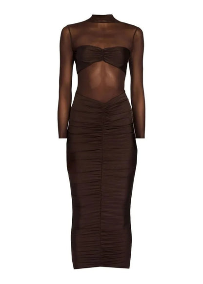 Bodycon dresses - Mozision Sheer Long Sleeve Ruched Sexy Maxi Dress Women Fashion Half High Collar See Through Backless Bodycon Sexy Long Dress
