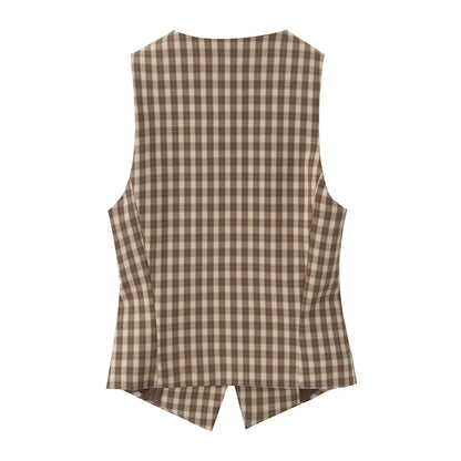Skirts set - TRAFZA Women 2 Piece Set Elegant Plaid O-Neck Single Breasted Pocket Decorate Vest Top+Chic Zipper Pleated Slim Mini Culottes