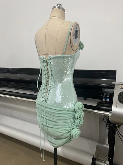 Elegant Dresses - Sexy Spaghetti Strap Backless Prom Dresses for Women Luxury 2025 Summer Sequins Flower Lace-up Pleated Mini Dress Elegant Gowns