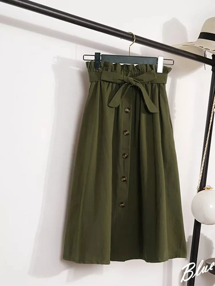 Midi Skirts - Summer Autumn Skirts Womens Midi Knee Length Korean Elegant Button High Waist Skirt Female Pleated School Skirt