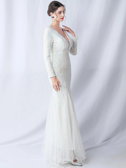 Sequin Dresses - Sexy backless maxi sequin summer dress women 2024 elegant luxury mesh wedding party dress long sleeve evening dresses vestidos