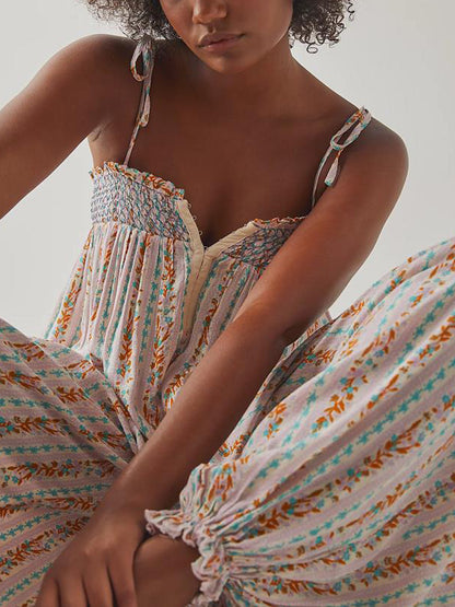Jumpsuits - Women Summer Cami Jumpsuits Retro Floral Print Tie-Up Spaghetti Strap Sleeveless Long Rompers Fashion Loose Playsuits