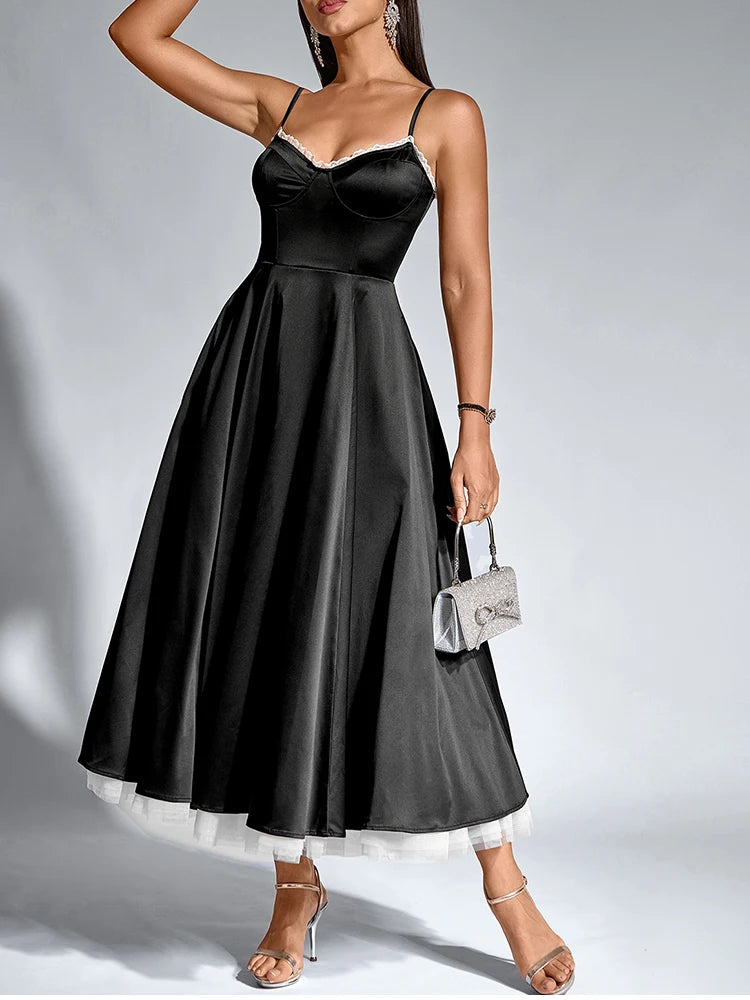 Elegant Dresses - Women's Adjustable Straps V-Neck Lace Slip Long Corset Dress Backless Contrast Elegant Casual Party Midi Dresses Black