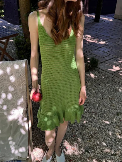Knit Dresses - Knit Ruffled Hollow Out Mini Dress Female V-Neck See-Through Holiday Beach Casual Clothes Summer Women's Knitwear Dress