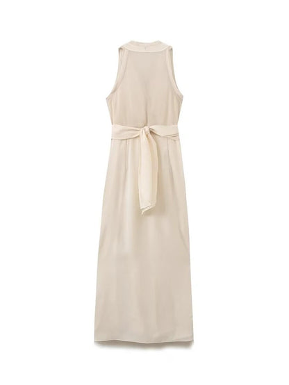 Midi Dresses - Women's V-neck Sleeveless Vest Dress Premium Temperament Slim Lapel Long Dress Sexy Semi-sheer Slit Lingerie Long Dresses