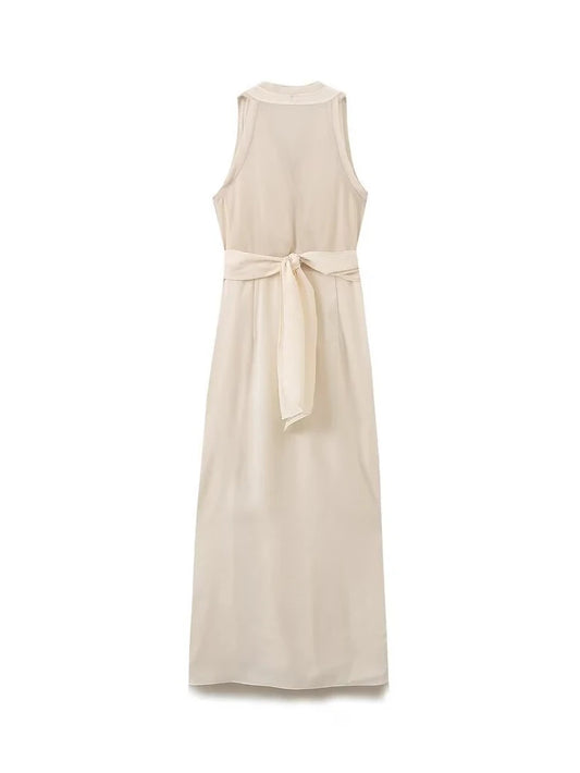 Midi Dresses - Women's V-neck Sleeveless Vest Dress Premium Temperament Slim Lapel Long Dress Sexy Semi-sheer Slit Lingerie Long Dresses