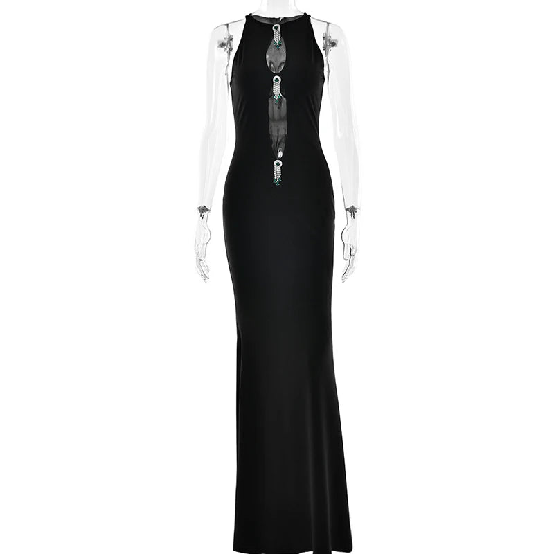 Elegant Dresses - Hollow Out Pearl Tassel Sexy Maxi Dress For Women Black O Neck Sleeveless High Waist Bodycon Club Party Long Dress