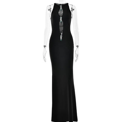 Elegant Dresses - Hollow Out Pearl Tassel Sexy Maxi Dress For Women Black O Neck Sleeveless High Waist Bodycon Club Party Long Dress