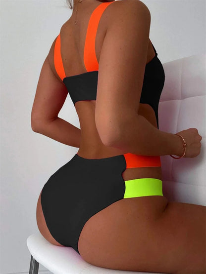 One Piece Swimsuit - Sexy Black Contrast One Piece Swimsuit 2025 Women Neon Strap Hollow Out Backless Monokini Summer Bathing Suit Patchwork Swimwear