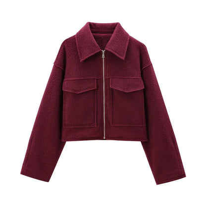  - 2024 Autumn Women's Cropped Jacket OuterwearLong Sleeve With Pocket Zipper Faux Fur Coat Fashion Women's Clothing