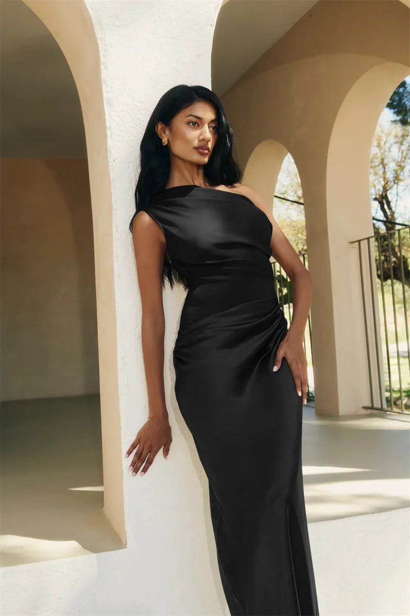 Elegant Dresses - Satin Inclined Shoulder Sexy Maxi Dress Women Fashion Patchwork Sleeveless Backless Bodycon Evening Club Party Dress