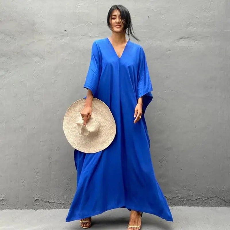 Kaftans - Women's Clothing Swimwears Solid Color Cover Up V Neck Batwing Sleeve Plus Size Beach Kaftan Dresses