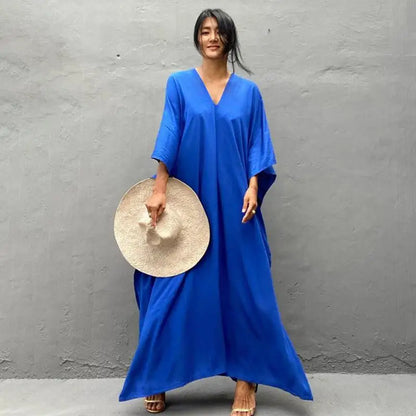 Kaftans - Women's Clothing Swimwears Solid Color Cover Up V Neck Batwing Sleeve Plus Size Beach Kaftan Dresses
