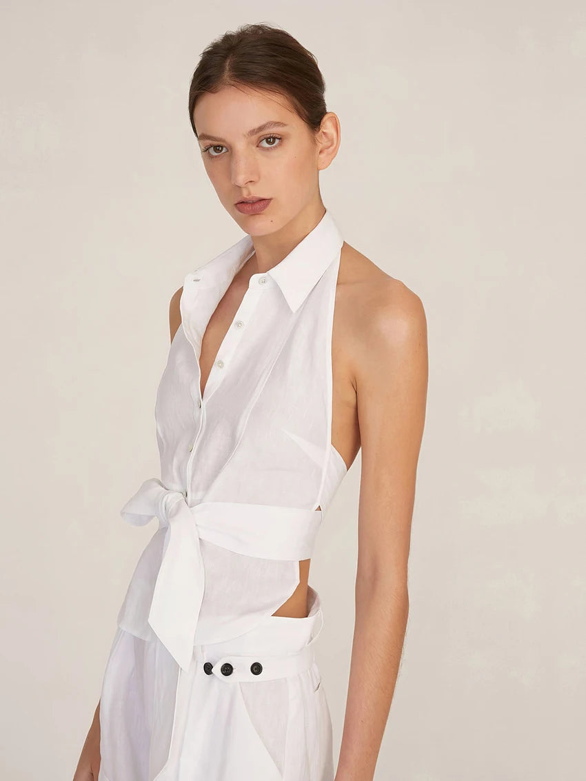 Shorts Sets - Fashion Women Nightwear Suit Turn-Down Collar Sleepwear Backless Sleeveless Pajamas Lace Up Pijama Shorts Pyjamas Set