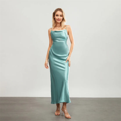 Satin Dresses - Backless Spaghetti Straps Party Long Dresses 2024 New Evening Gown Satin Vestidos Women's Cowl Neck Slip Wrap Dress