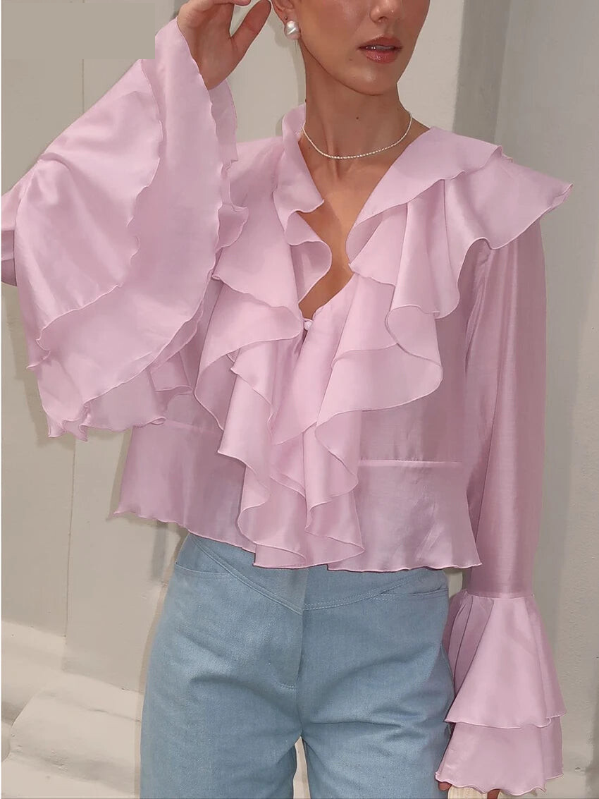 Blouses - Clacive Sexy Loose Pink Women's Shirt 2025 Fashion V-Neck Long Sleeve Shirts Elegant Classic Ruffle Solid Top Female Clothing