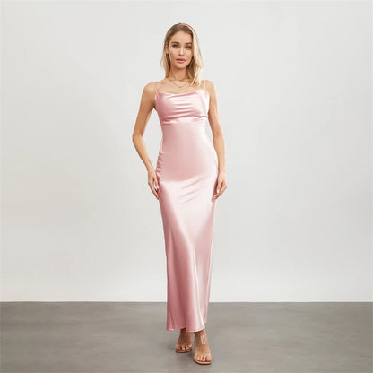 Satin Dresses - Backless Spaghetti Straps Party Long Dresses 2024 New Evening Gown Satin Vestidos Women's Cowl Neck Slip Wrap Dress