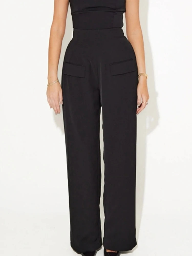 Pants Sets - Solid Square Collar Halter Vest Pants Sets Women Slim Backless Sleeveless Tops High Waist Wide Leg Pant 2025 Lady Office Outfit