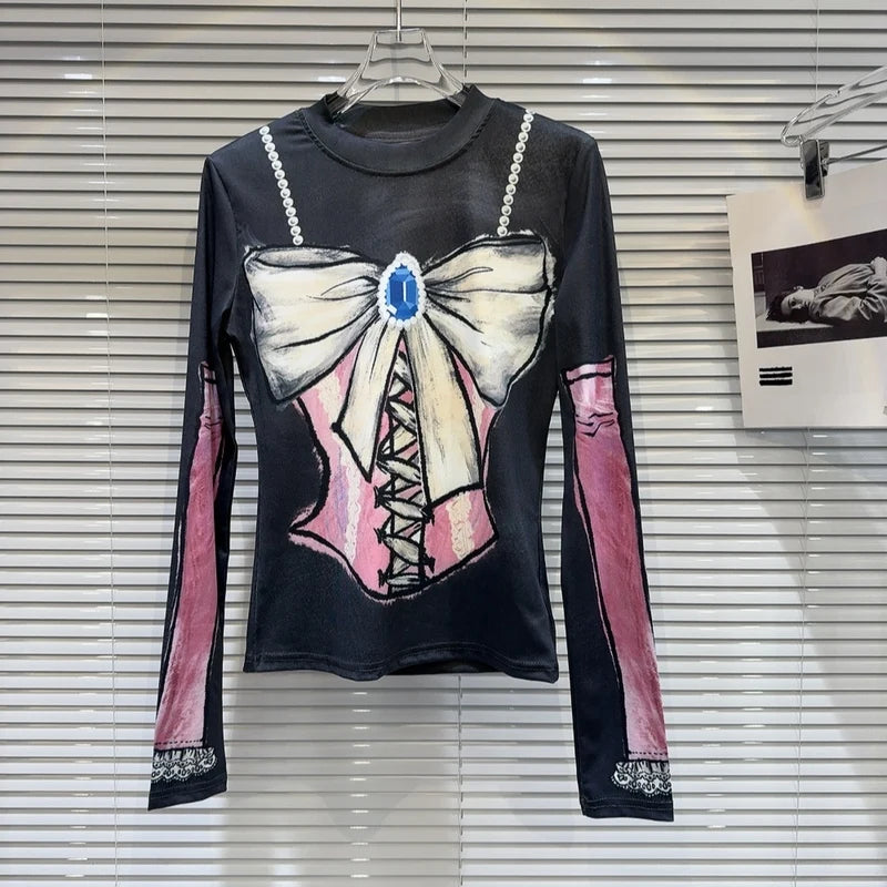 Casual Tees - Spring New Items T-shirt For Women colorful print Bow Mesh Long Sleeve Stretch Fashion Trendy Tops Female 11XX8251
