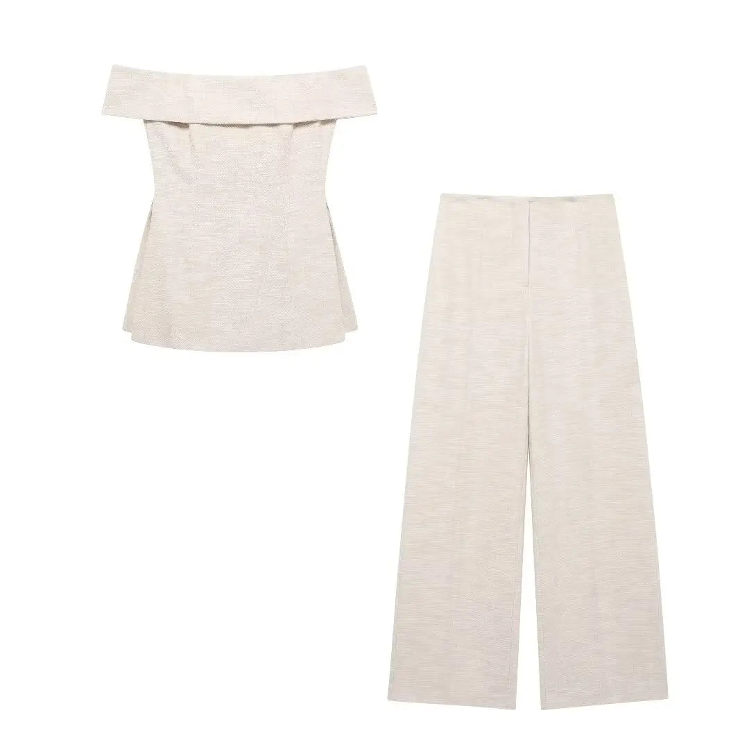 Pants Sets - Women Elegant Solid Slim Back Zipper Side Slit Crop Design Slash Neck Top+High-Waisted Zip-up Loose Long Pant 2 Piece Set