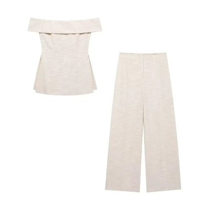 Pants Sets - Women Elegant Solid Slim Back Zipper Side Slit Crop Design Slash Neck Top+High-Waisted Zip-up Loose Long Pant 2 Piece Set