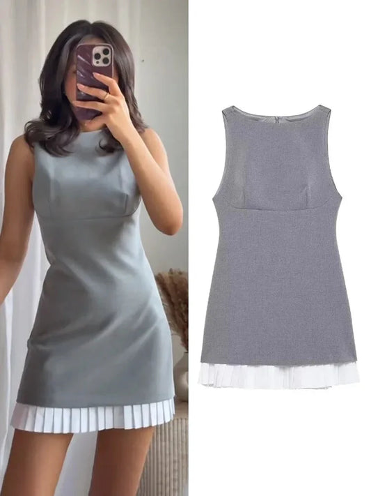 Business Casual Dresses - Women's High Street Sexy Dress Grey O-Neck Sleeveless Patchwork Decorate Zipper Female Summer Fashion Mini Dresses