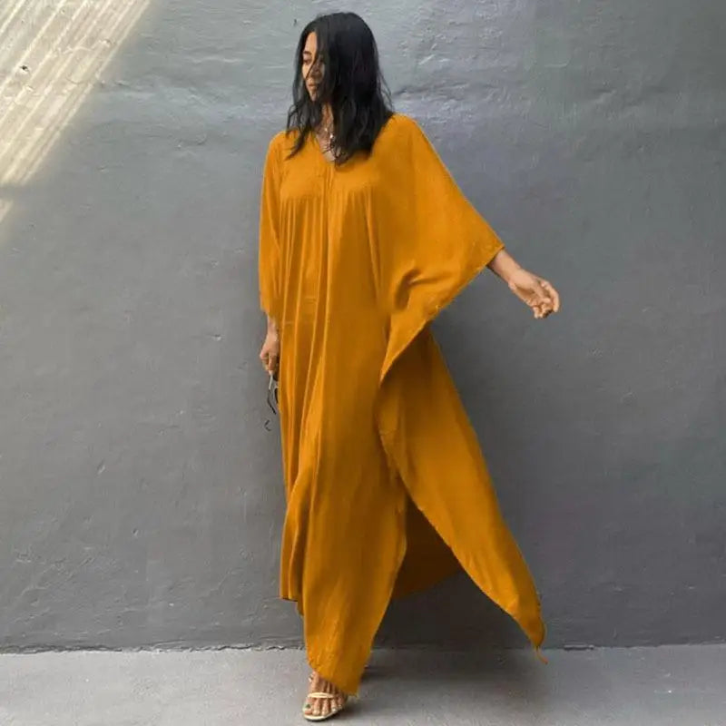 Kaftans - Women's Clothing Swimwears Solid Color Cover Up V Neck Batwing Sleeve Plus Size Beach Kaftan Dresses