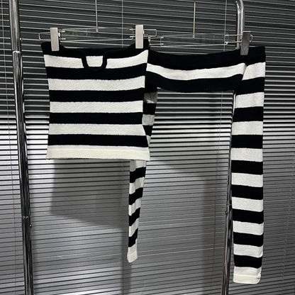 Off Shoulder Tops - Women's Fashion Striped Contrast Color Two-pieces Set Stretch Strapless Long Sleeve Knit Tops 2025 Spring New 33A2346