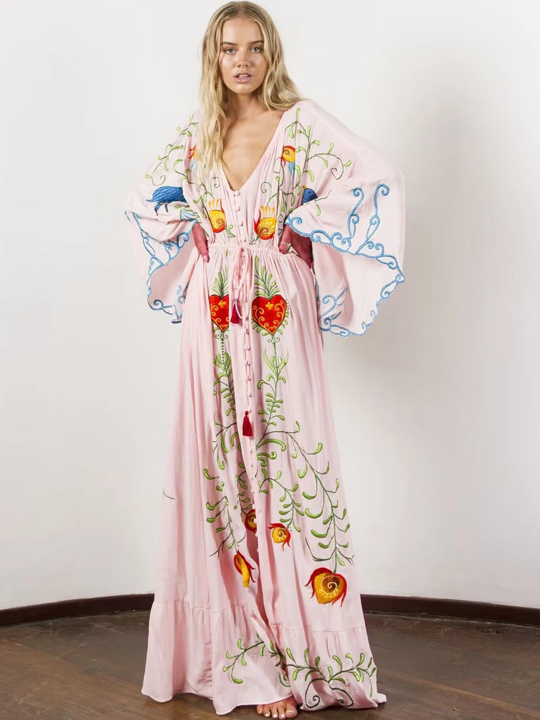 Kaftans - Jastie Embroidered Women Maxi Dress V-Neck Batwing Sleeve Loose Oversize Summer Dresses Drawstring Waist Boho Beach Vestidos