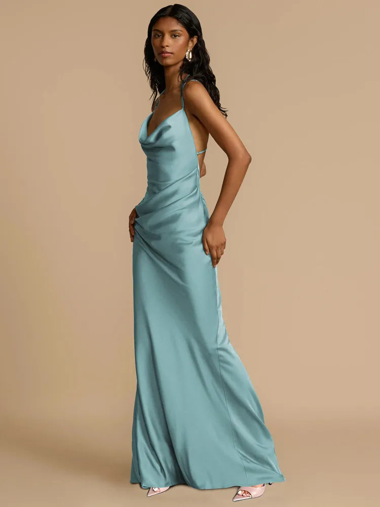 Elegant Dresses - Spaghetti Strap Backless Sexy Maxi Dress Women Gown Fashion Solid Sleeveless Bodycon Evening Club Long Dress Elegant