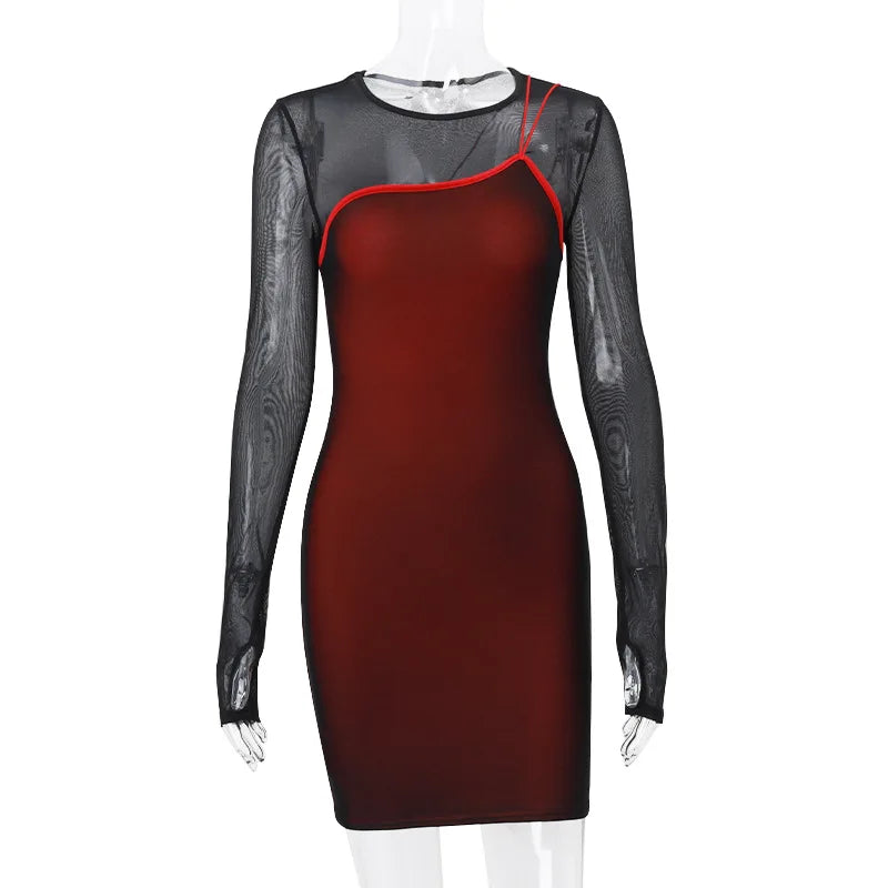 Vintage Mesh Sheer Long Sleeve Sexy Mini Dress Party Elegant Fashion Club Outfits for Women Spring Bodycon Dresses