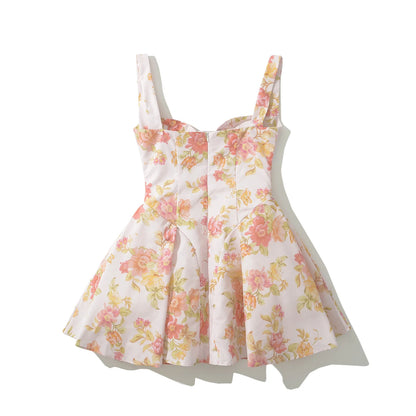 Fit and Flare Dresses - Sexy Pink Flower Print V Collar Sling Dress Women Corset Style Low Waist Folds Hem Ball Gown Swing Mini Tank Robe