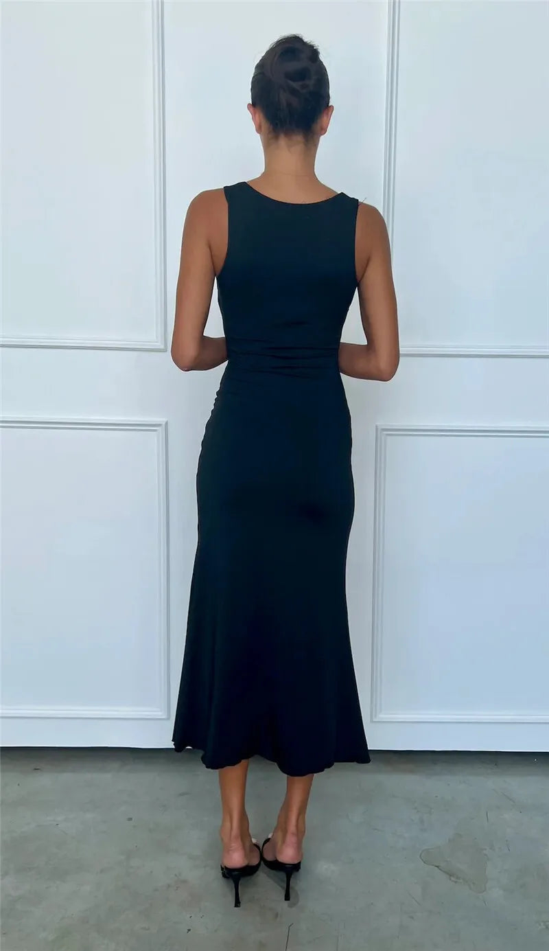 Elegant Dresses - Elegant Deep V Neck Front Gold Clasp Sexy Maxi Dress For Women Black Gown Sleeveless Slim Fit Long Tank Dress Elegant