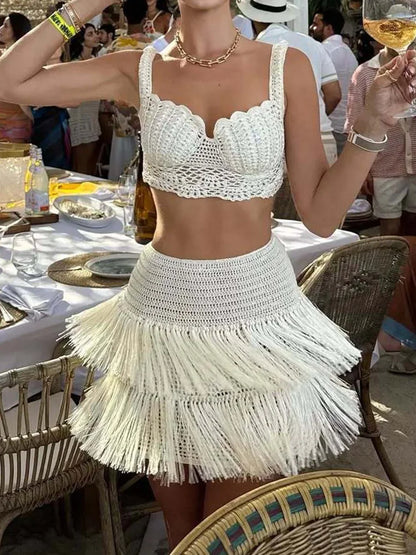 Skirt Sets - New Hollow Out Fashion Holiday 2PCS Outfit, Summer Women Solid Patchwork Sexy Sets, 2025 Short Top Mini Skirts Chic Ladies Suits
