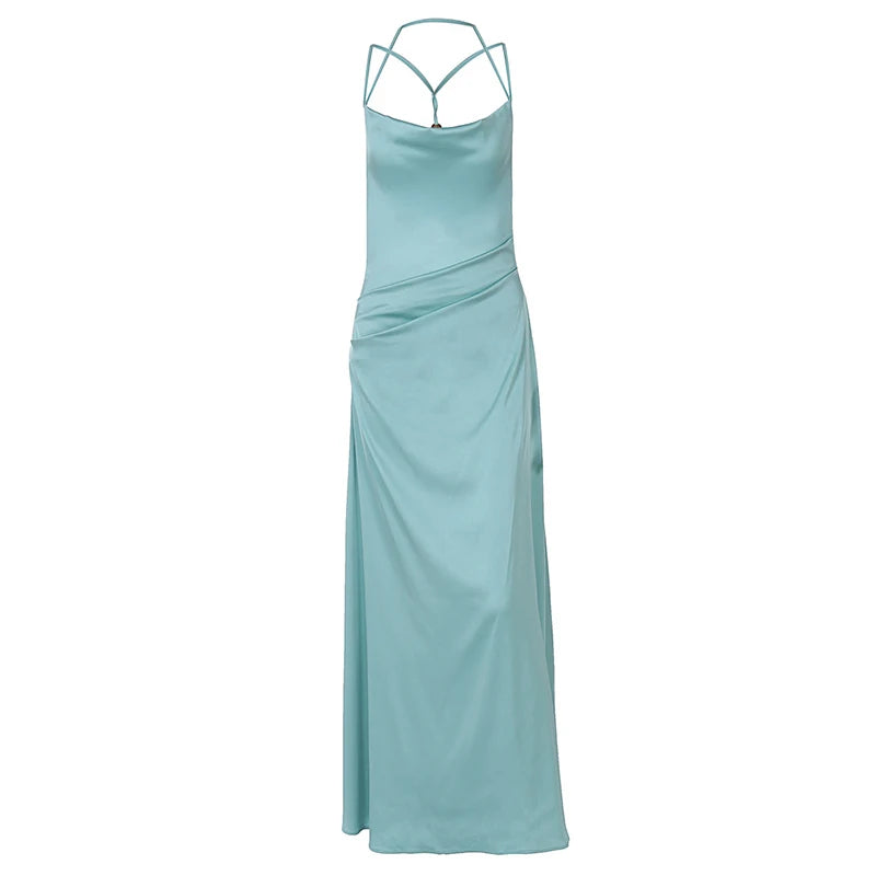 Elegant Dresses - Spaghetti Strap Backless Sexy Maxi Dress Women Gown Fashion Solid Sleeveless Bodycon Evening Club Long Dress Elegant