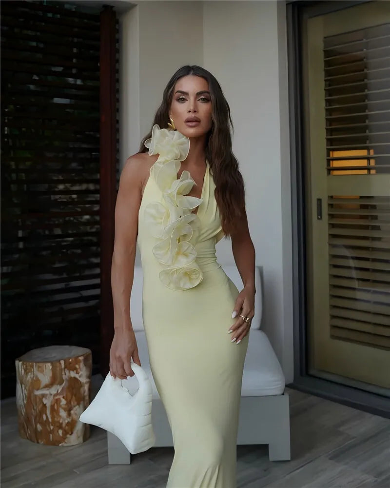 Mozision Mesh Rose Deep V Neck Sexy Maxi Dress For Women Gown Elegant Halter Sleeveless Backless Bodycon Club Party Long Dress