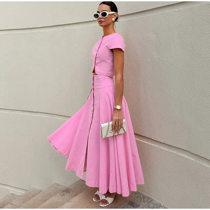 Skirt set - Women Vest Skirt Suit Solid O-neck Single Breasted Short Sleeve Short Top Button Wide Leg Skirts Female Summer Lady Beach Wears