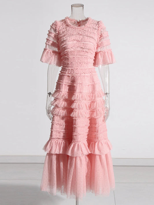 Elegant Dresses - Solid Dresses For Women O Neck Short Sleeve High Waist Spliced Folds Temperament Chic Dress Female Fashion Clothes