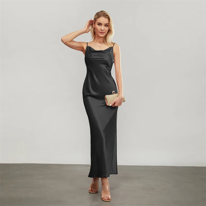 Satin Dresses - Backless Spaghetti Straps Party Long Dresses 2024 New Evening Gown Satin Vestidos Women's Cowl Neck Slip Wrap Dress