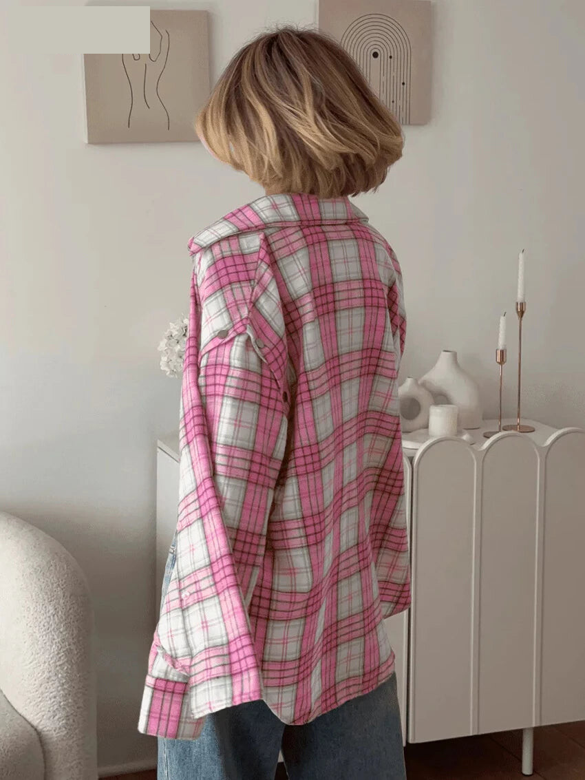 Shirts - Fashion Loose Plaid Office Women's Shirt Vintage Lapel Long Sleeve Shirts Elegant Classic Blouse Top Female Clothing