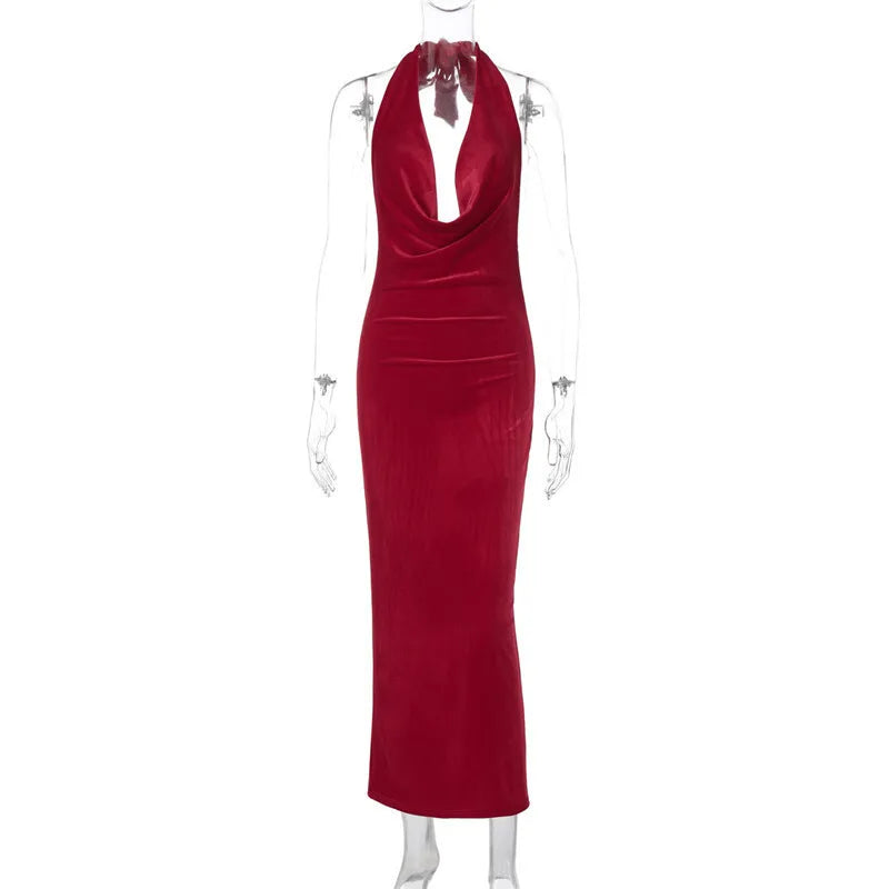 Elegant Dresses - Halter Backless Sexy Maxi Dress For Women Gown Fashion Lace-up Deep V Neck Sleeveless Bodycon Split Long Dress Elegant