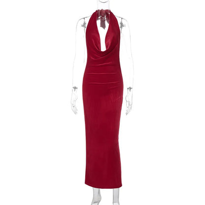 Elegant Dresses - Halter Backless Sexy Maxi Dress For Women Gown Fashion Lace-up Deep V Neck Sleeveless Bodycon Split Long Dress Elegant