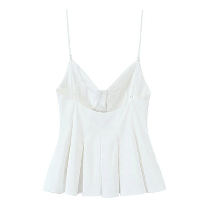 Cami Tops - Summer Women Striped Sleeveless V-Neck Mini Top Woman Slim High Street Short Dress Pleated Button Decoration Top
