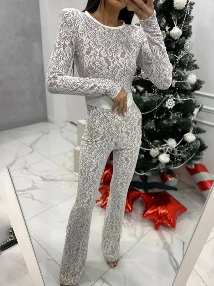 Jumpsuits - Mozision Lace Print Long Sleeve Jumpsuits Women Overalls Fashion Autumn Winter New Two Layer O Neck Slim Fit Sexy Jumpsuits