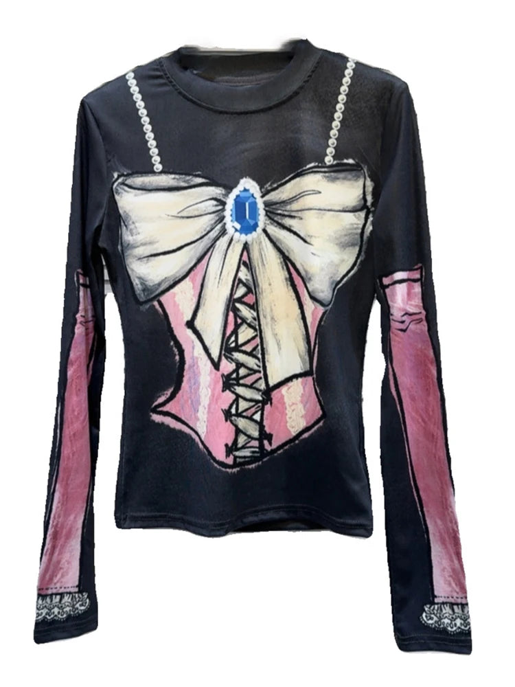 Casual Tees - Spring New Items T-shirt For Women colorful print Bow Mesh Long Sleeve Stretch Fashion Trendy Tops Female 11XX8251