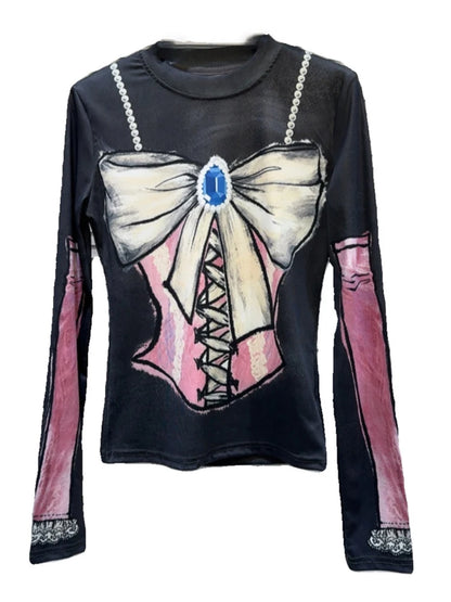 Casual Tees - Spring New Items T-shirt For Women colorful print Bow Mesh Long Sleeve Stretch Fashion Trendy Tops Female 11XX8251